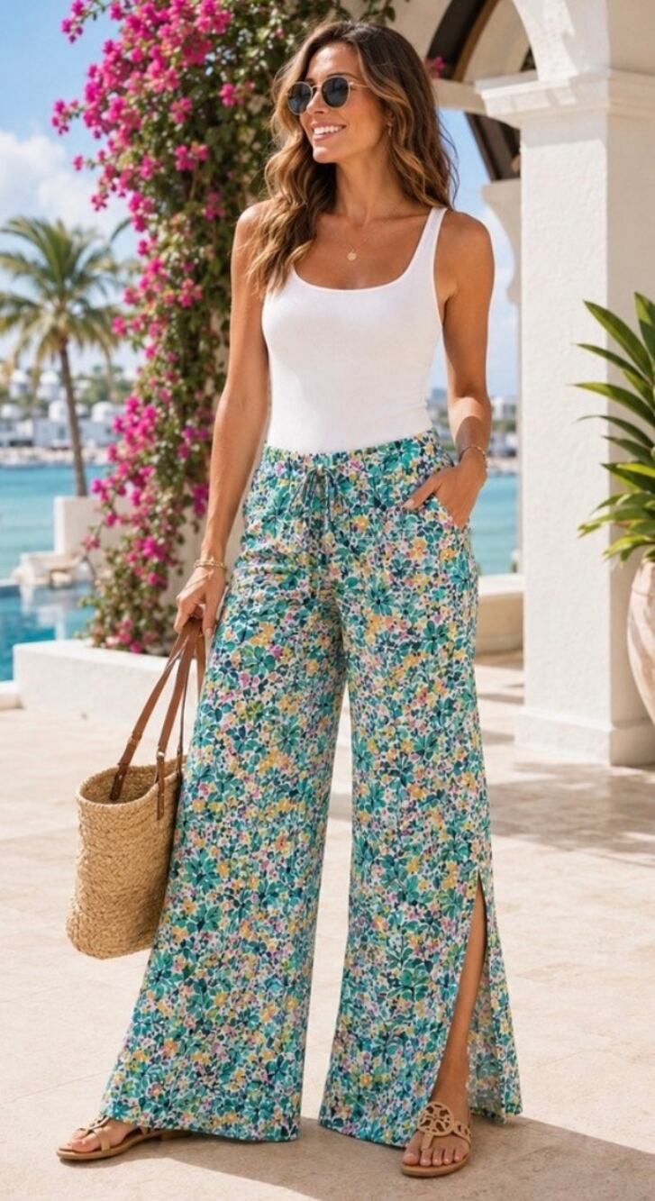 DVF x Onia Chloe Tropical Wide Leg Pull-On Pockets Pants Side Slit Size Small